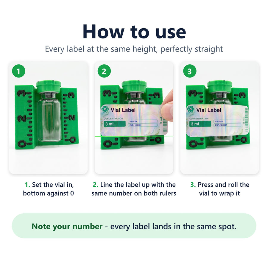 How to use the numbered vial label applicator: set the vial in with its bottom against 0, line the label up with the same number on both rulers, then press and roll