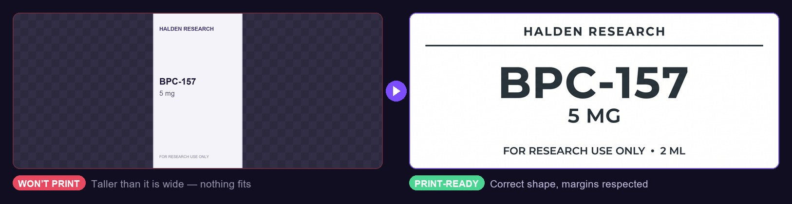The same vial label before and after our AI rebuilt it at print size