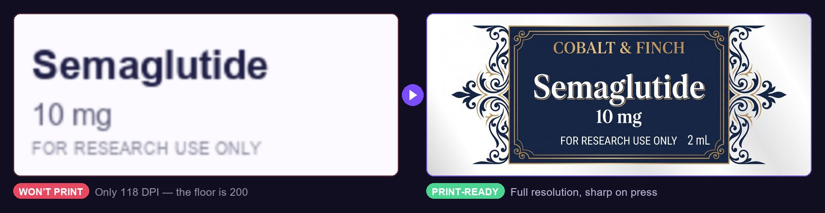 The same vial label before and after our AI rebuilt it at print size