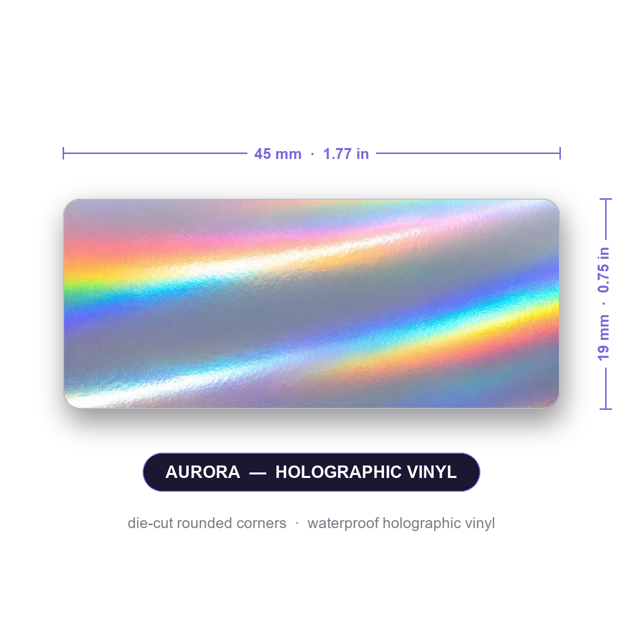 Custom vial label, 45 x 19 mm (1.77 x 0.75 in), die-cut rounded corners, holographic vinyl