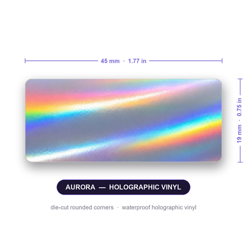 Custom vial label, 45 x 19 mm (1.77 x 0.75 in), die-cut rounded corners, holographic vinyl