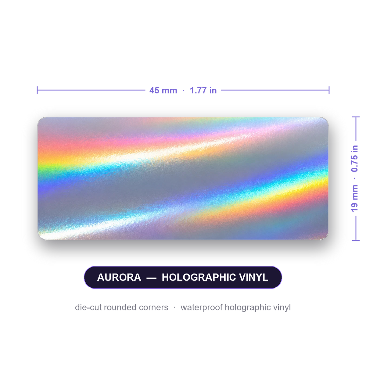 Custom vial label, 45 x 19 mm (1.77 x 0.75 in), die-cut rounded corners, holographic vinyl