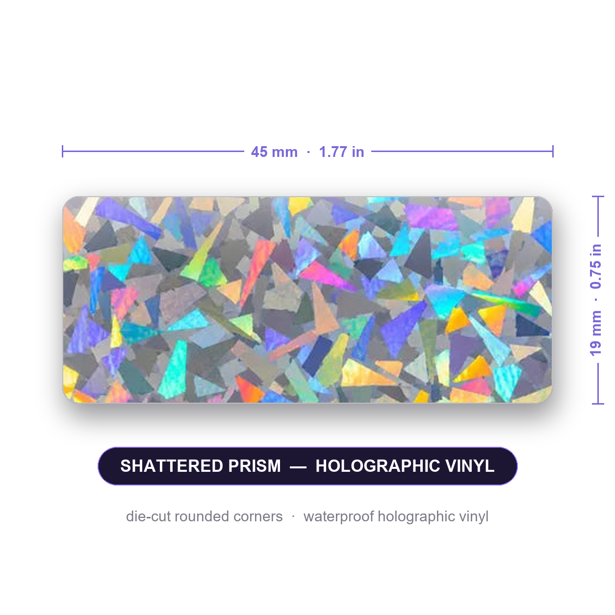 Custom vial label, 45 x 19 mm (1.77 x 0.75 in), die-cut rounded corners, holographic vinyl