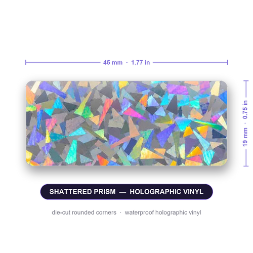 Custom vial label, 45 x 19 mm (1.77 x 0.75 in), die-cut rounded corners, holographic vinyl
