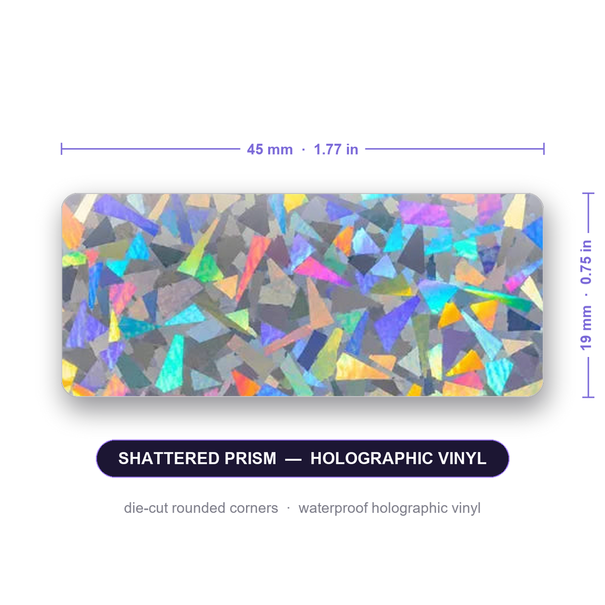 Custom vial label, 45 x 19 mm (1.77 x 0.75 in), die-cut rounded corners, holographic vinyl