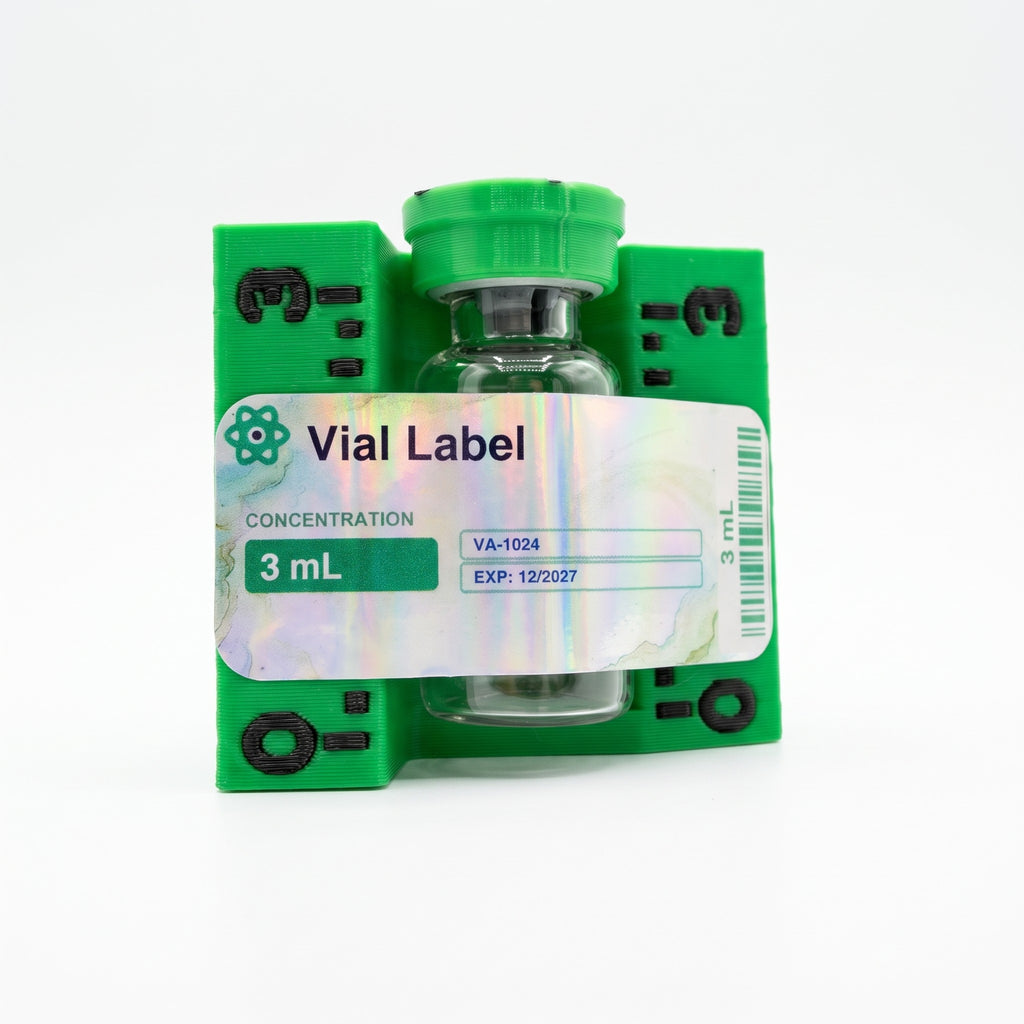 3 mL numbered applicator holding a vial with its label applied straight against the printed ruler