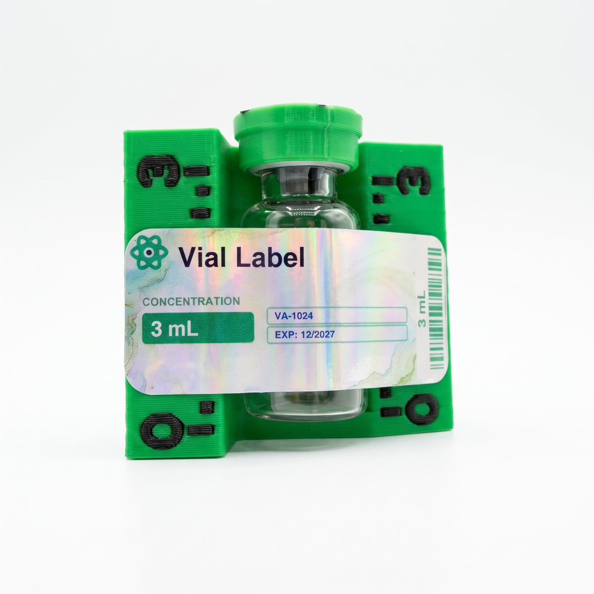 3 mL numbered applicator holding a vial with its label applied straight against the printed ruler