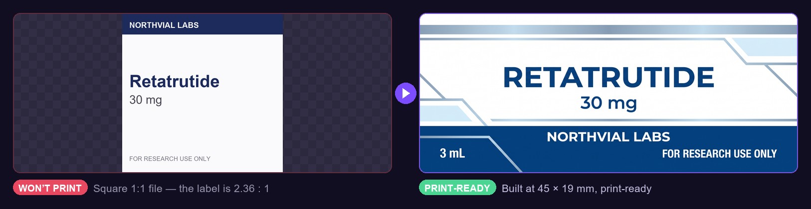 The same vial label before and after our AI rebuilt it at print size