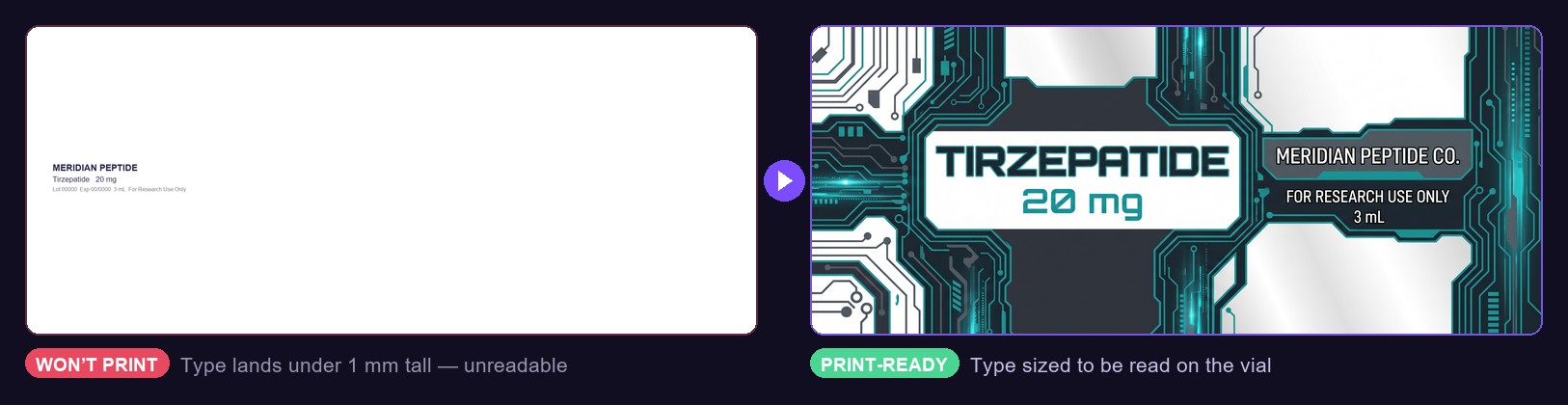 The same vial label before and after our AI rebuilt it at print size