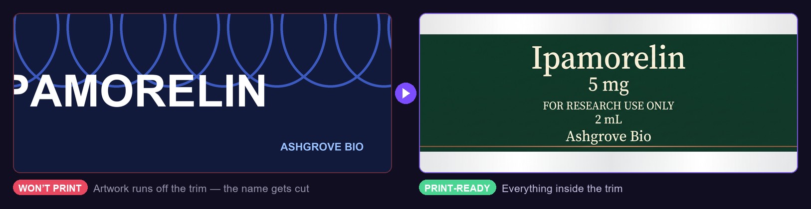 The same vial label before and after our AI rebuilt it at print size