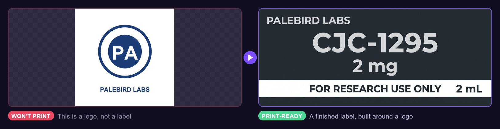 The same vial label before and after our AI rebuilt it at print size